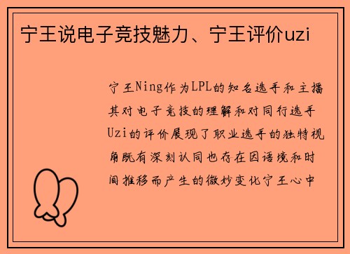 宁王说电子竞技魅力、宁王评价uzi